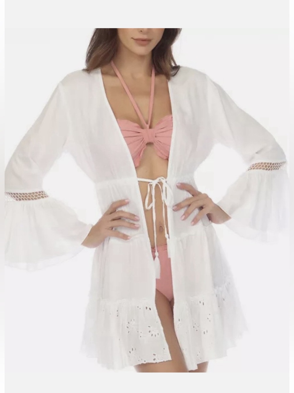 Raviya white swimsuit coverup tie front embroidered detail nwt